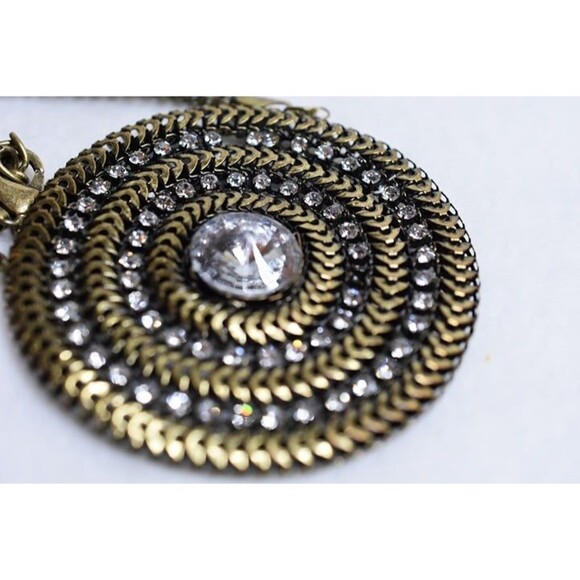 Chico's Boho Round Bronze Rhinestone Pendant Statement 22 inch Necklace - Picture 4 of 5